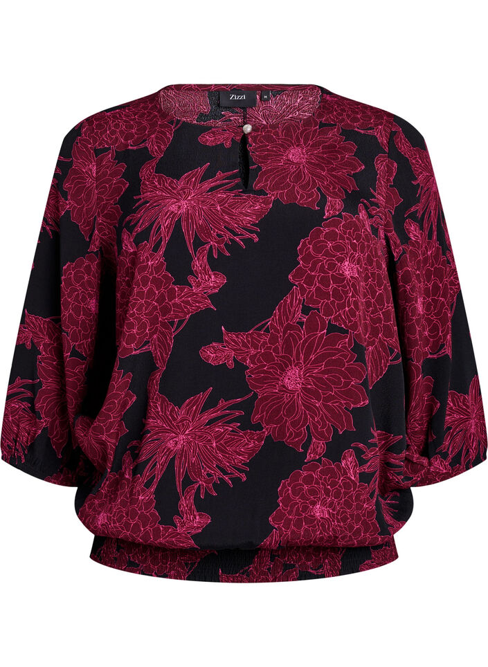 Blus i viskos med blomm&ouml;nster och smock, M&ouml;rk Bordeaux, Packshot image number 0