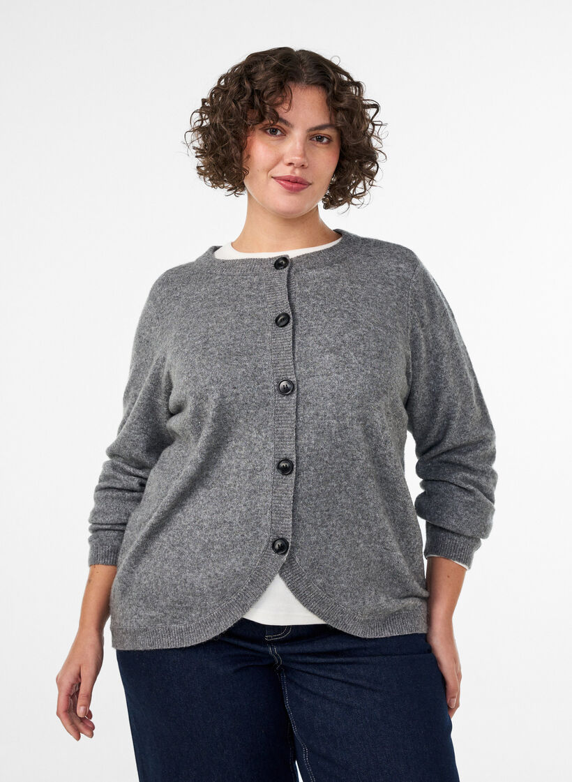 Cardigan med knappar och rundad framtill, Gr&aring;, Model image number 0