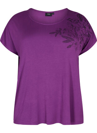 Kortärmad t-shirt i viskos med blommönster , Grape Juice Flower, Packshot image number 0
