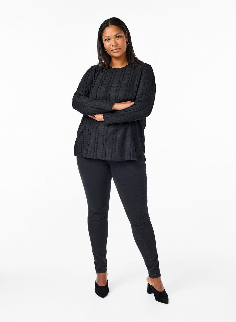 Långärmad blus med struktur, Black, Model image number 2