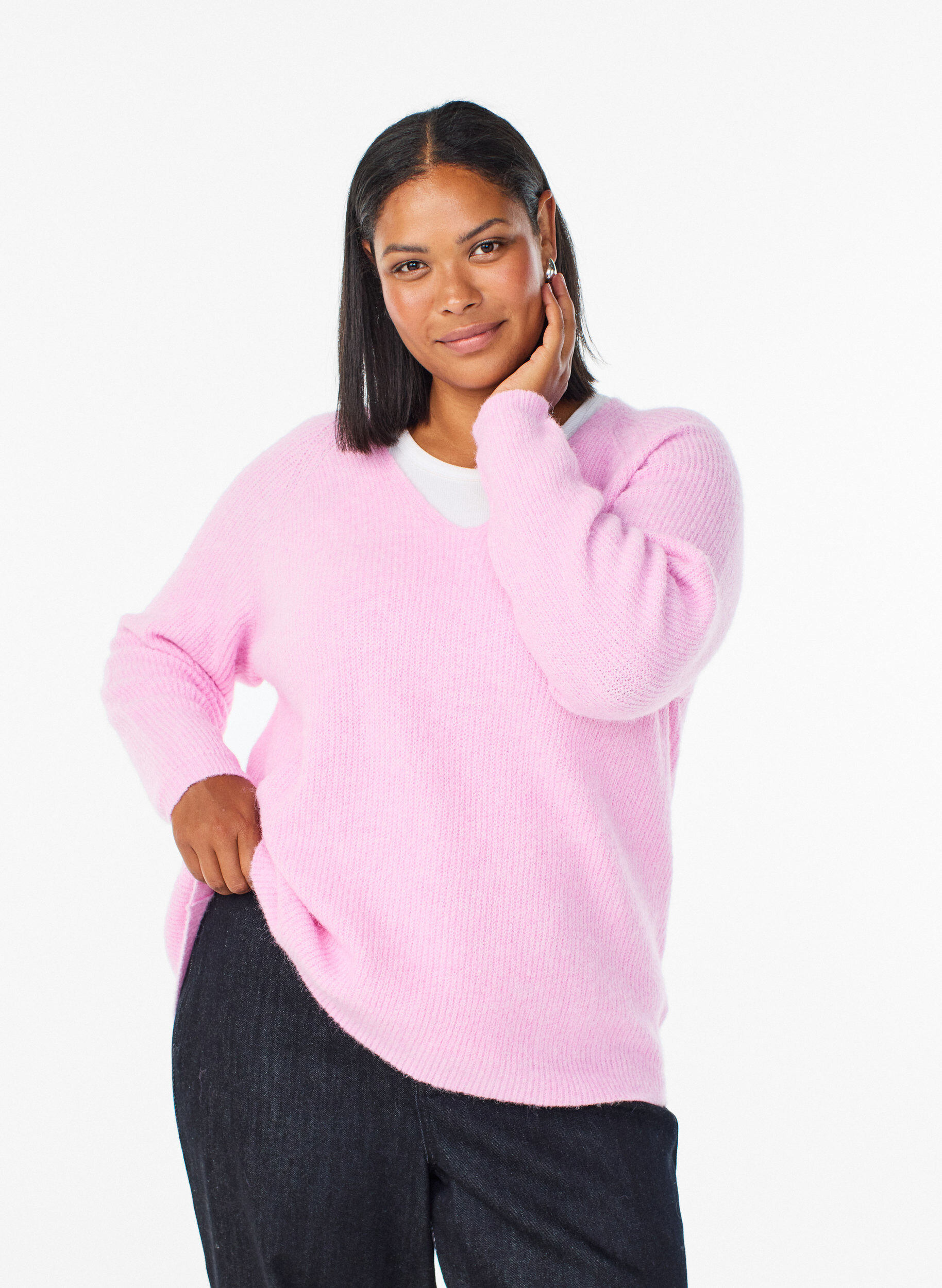 ZizziStickad blus med v-ringning och raglan&auml;rm, Rosa, Model image number 0