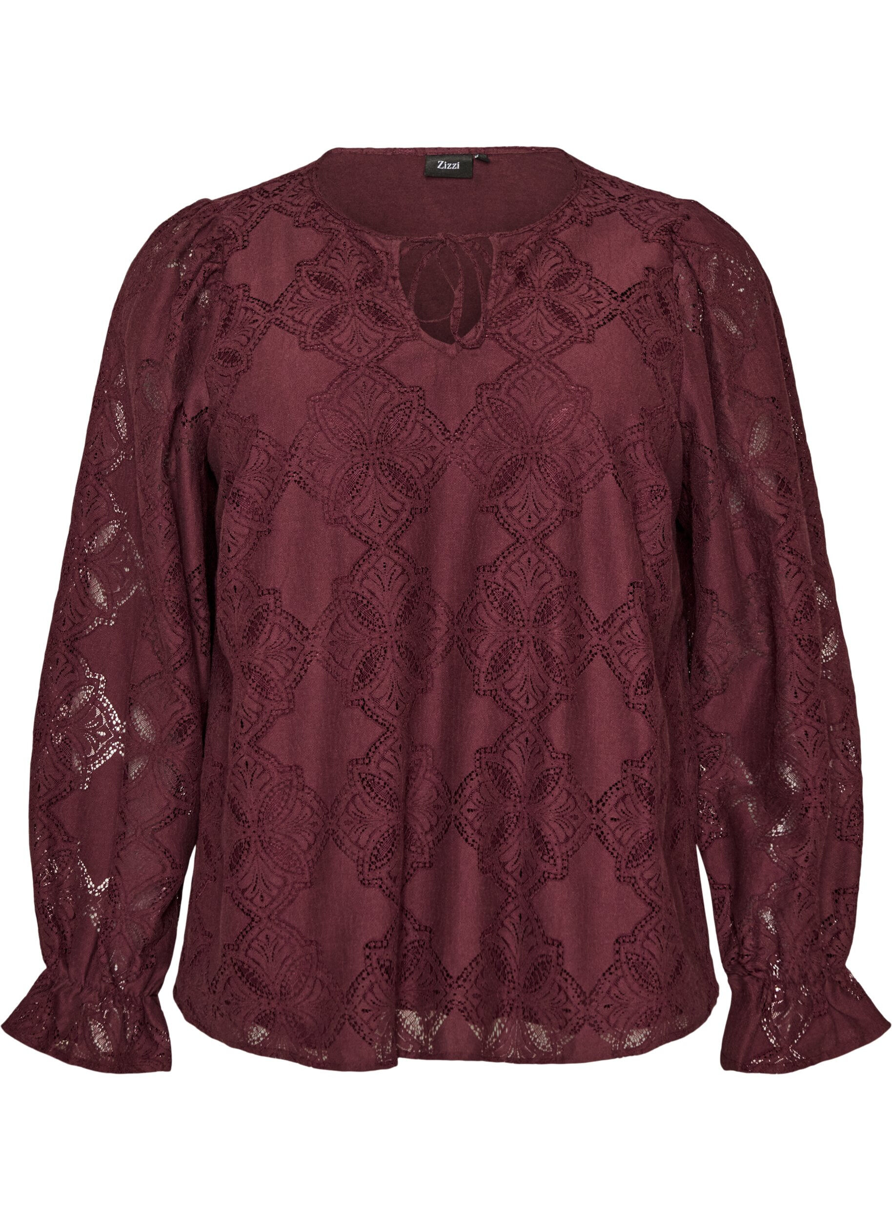 ZizziL&aring;ng&auml;rmad blus med spetsm&ouml;nster, M&ouml;rk Bordeaux, Packshot image number 0