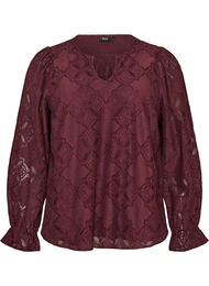 L&aring;ng&auml;rmad blus med spetsm&ouml;nster, M&ouml;rk Bordeaux