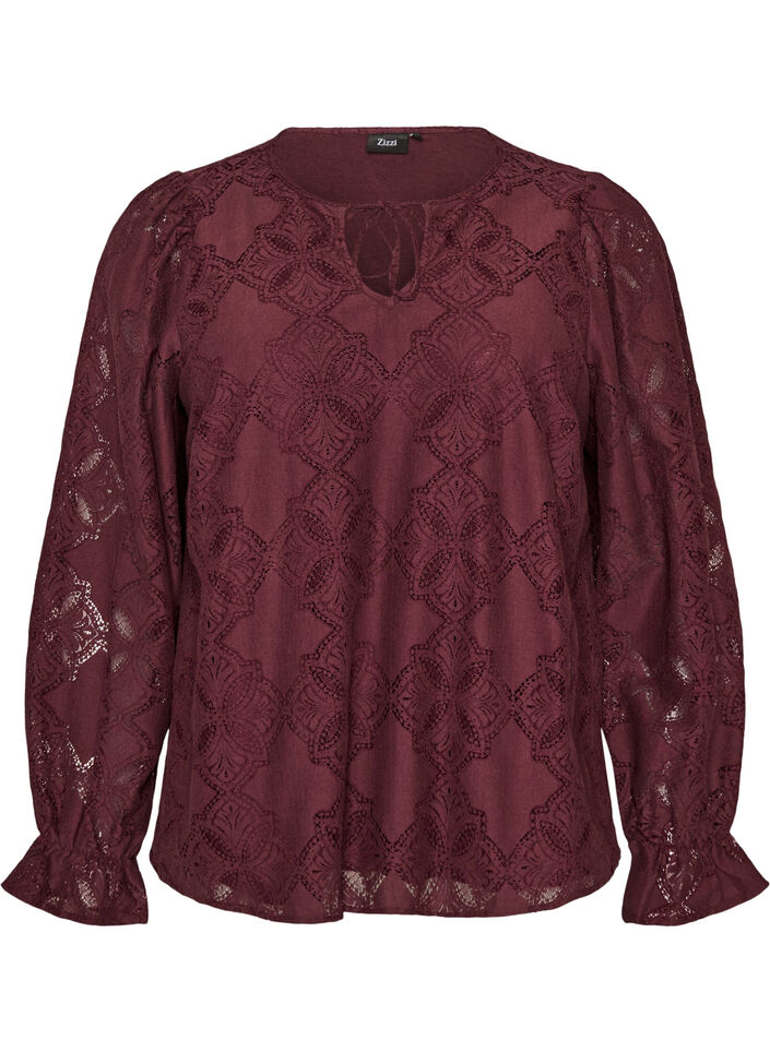 L&aring;ng&auml;rmad blus med spetsm&ouml;nster, M&ouml;rk Bordeaux, Packshot image number 0