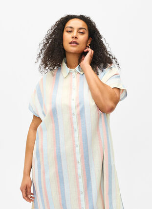 Lång skjorta i bomullsblandning med linne, Multi Color Stripe, Model image number 2