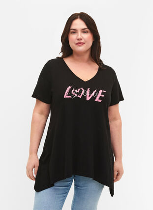 T-shirt i bomull med kort ärmar, Black LOVE, Model image number 0