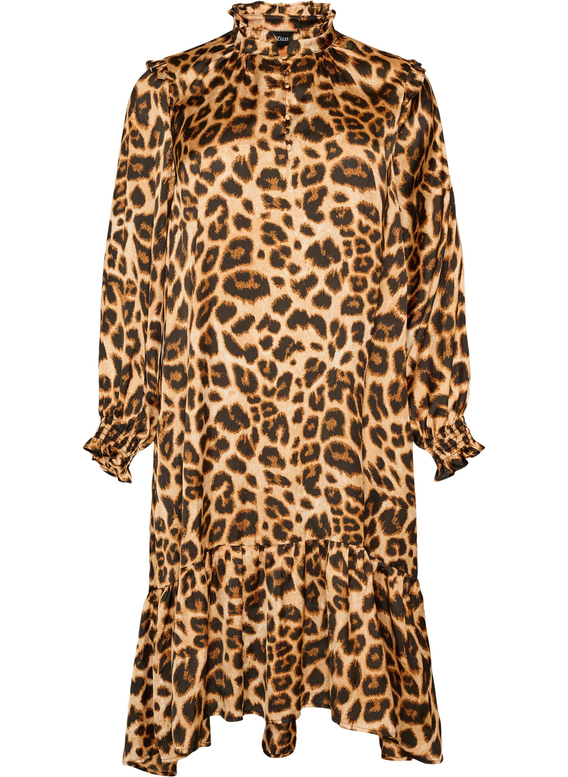 Kl&auml;nning med leopardm&ouml;nster och volangdetaljer