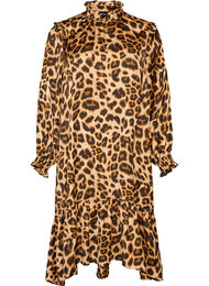 Kl&auml;nning med leopardm&ouml;nster och volangdetaljer, Brun