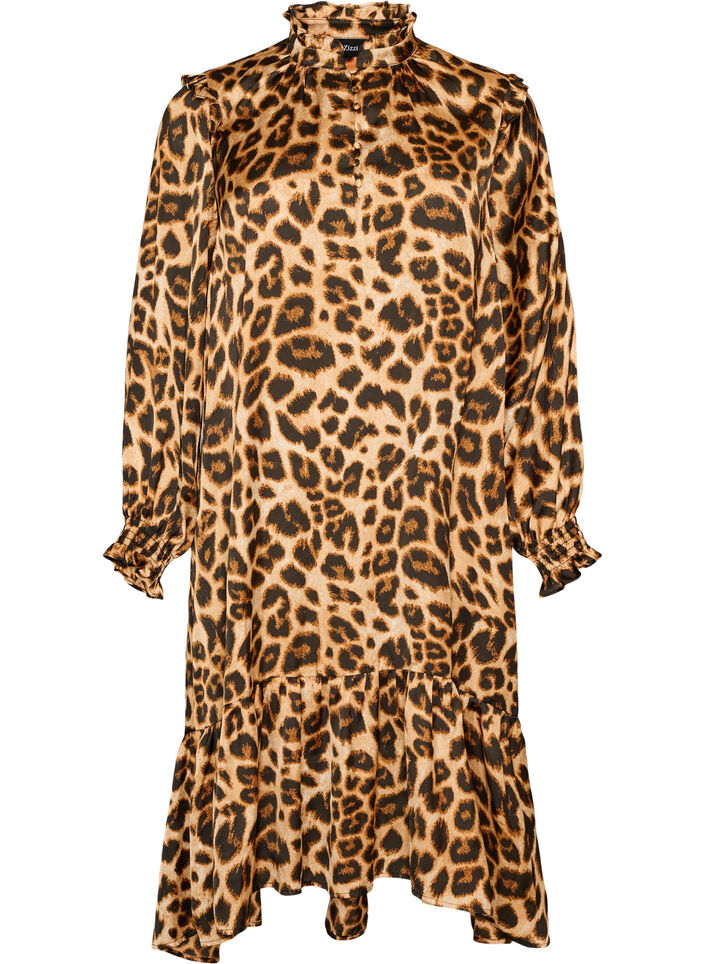 Kl&auml;nning med leopardm&ouml;nster och volangdetaljer, Brun, Packshot image number 0