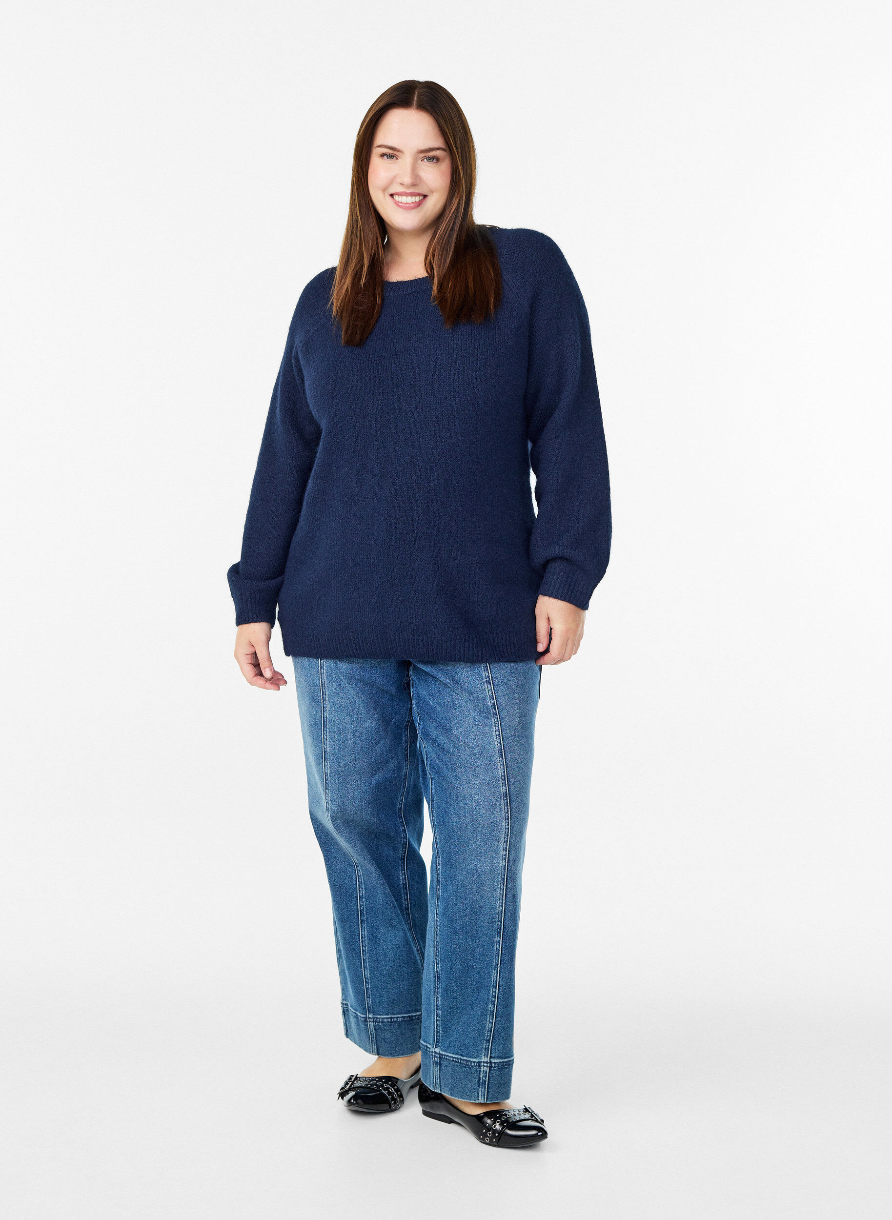 Zizzi Stickad blus med raglan&auml;rmar, Bl&aring;, Model image number 1