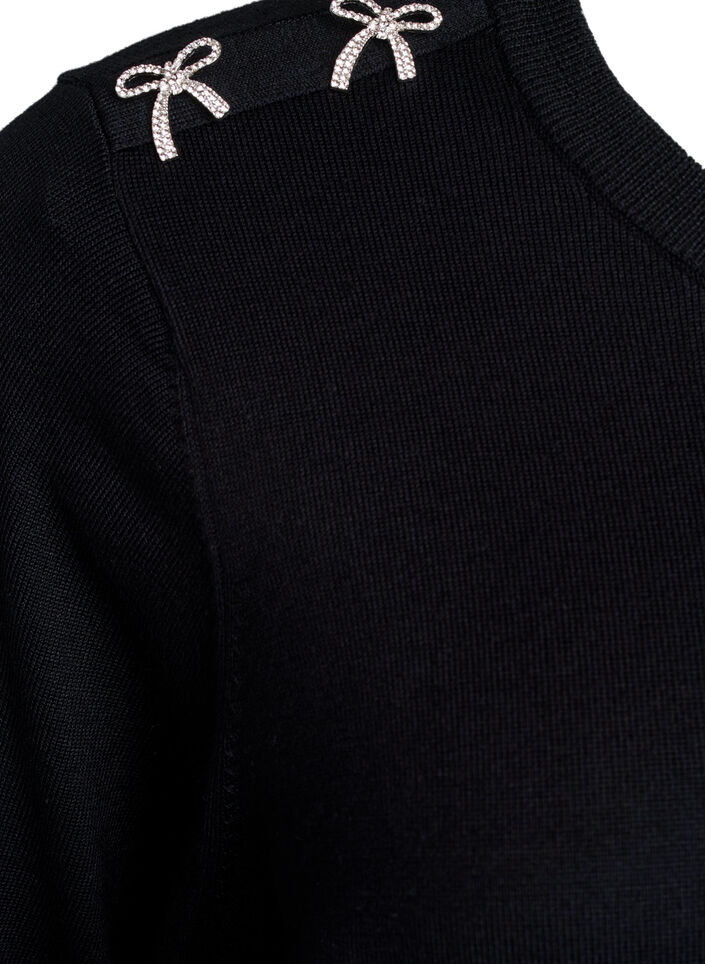 Stickad blus med korta ärmar och små rosetter, Svart, Packshot image number 3