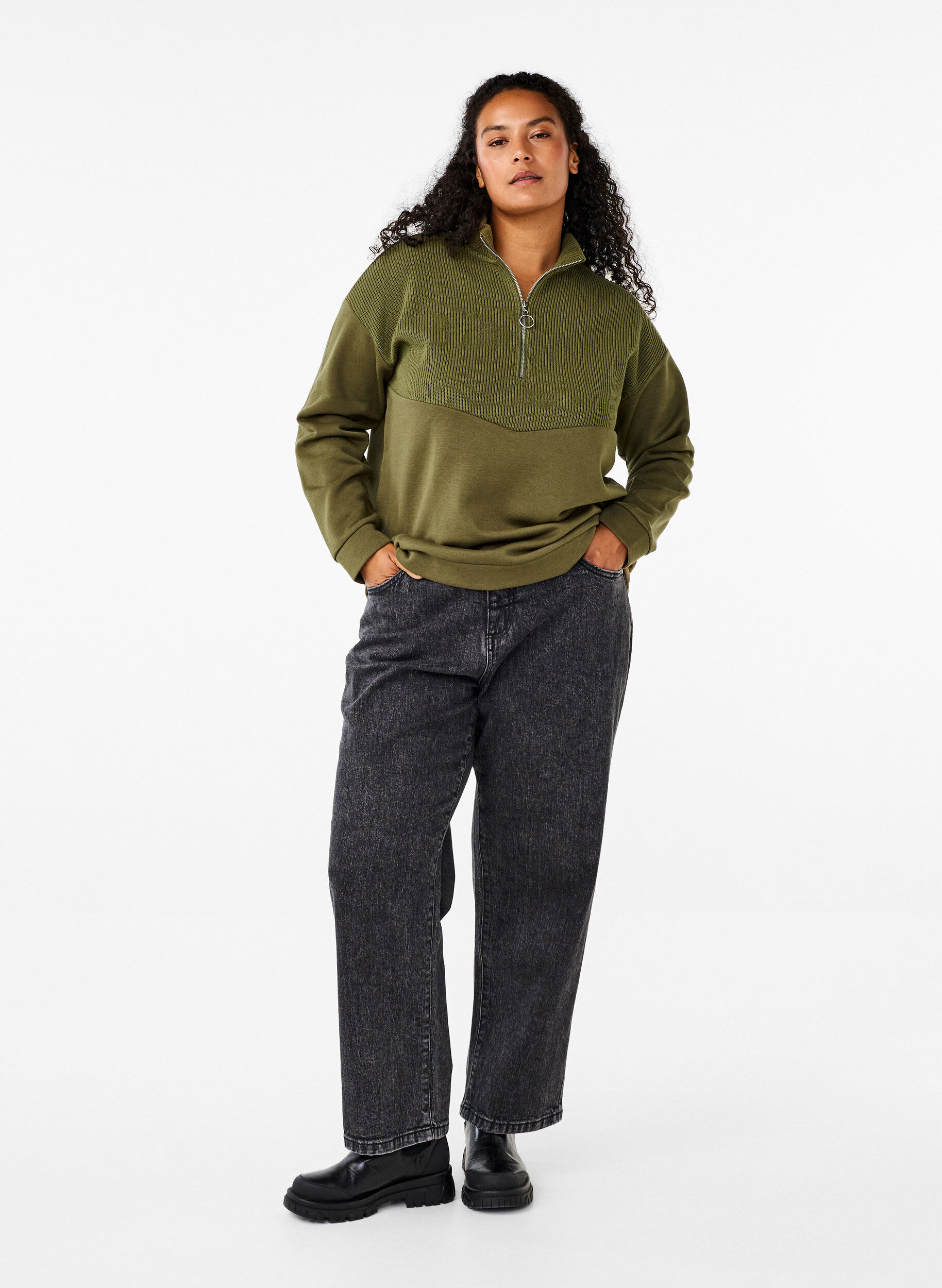 Zizzi Sweatshirt med stickade plagg och dragkedja, Winter Moss, Model image number 2