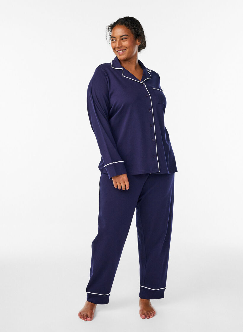 Pyjamasbyxor i bomull med h&ouml;g midja, Bl&aring;, Model image number 0