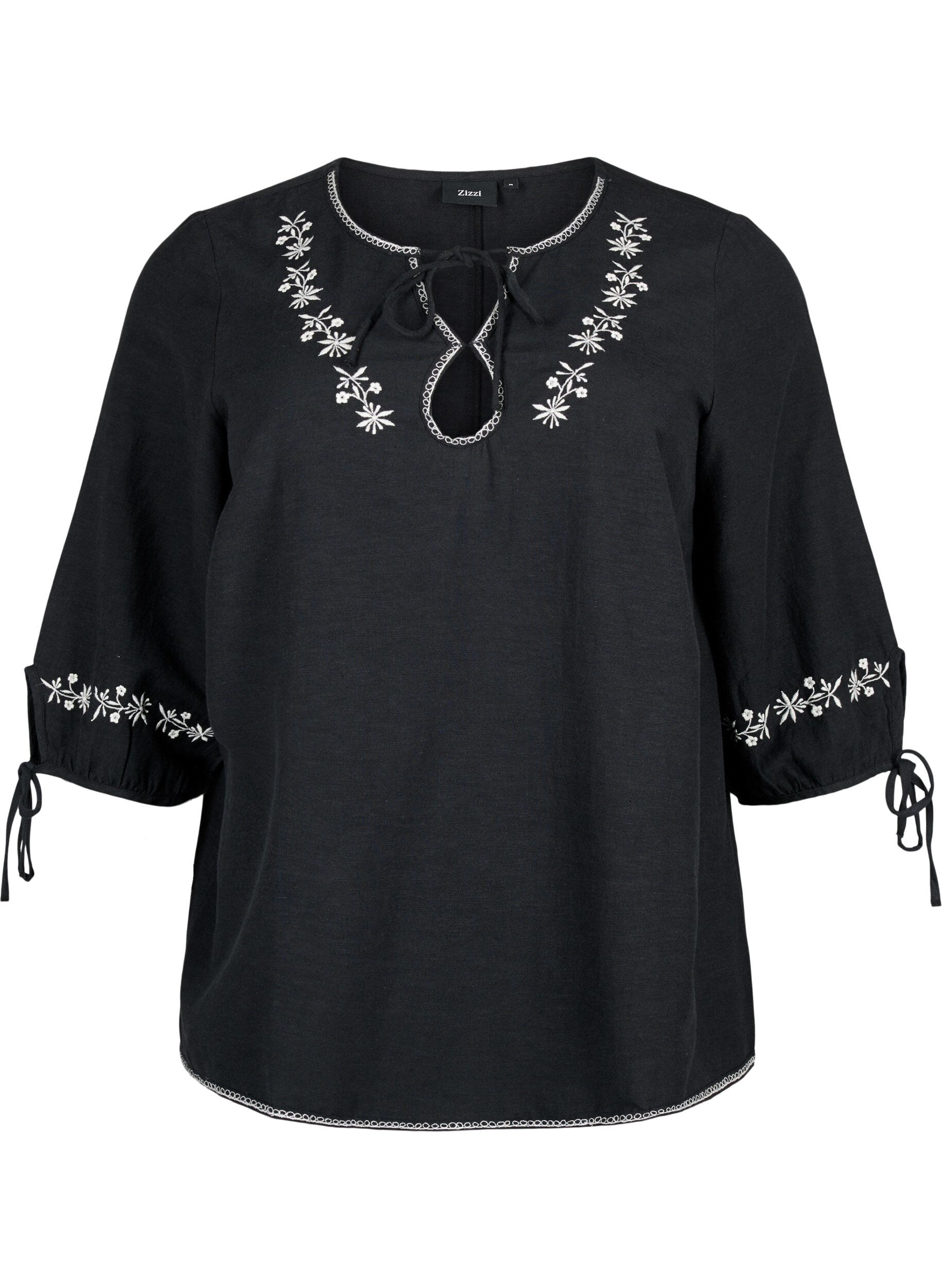 Zizzi Broderad blus i bomullsblandning med linne, Black W. EMB, Packshot image number 0