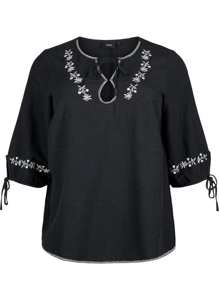 Broderad blus i bomullsblandning med linne, Black W. EMB, Packshot image number 0