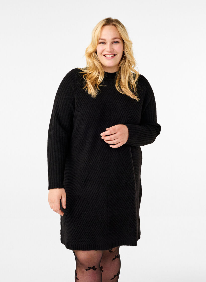 Kort, ribbad klänning med rund halsringning, Black, Model image number 0