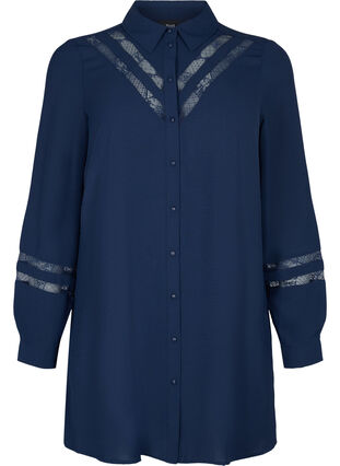 Lång skjorta med spetsdetaljer, Navy Blazer, Packshot image number 0
