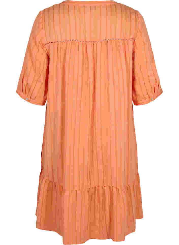Randig klänning i viskos med spetsdetaljer, Nectarine, Packshot image number 1