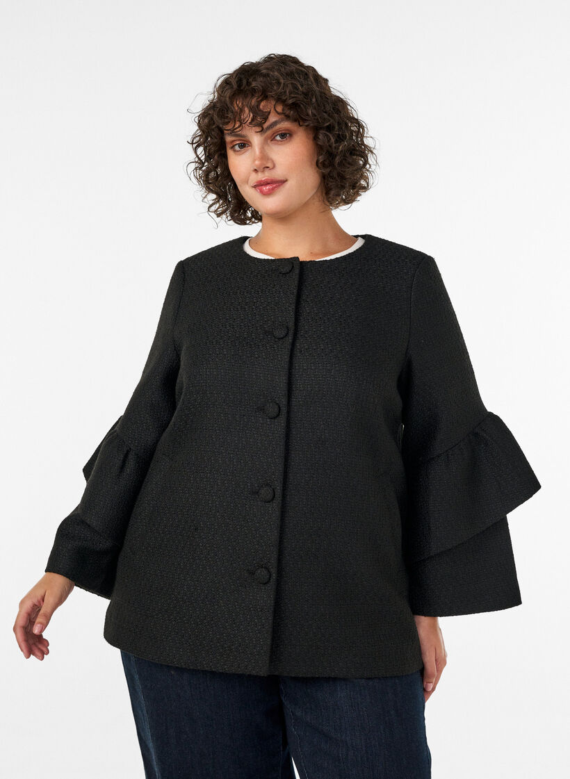Jacka i boucl&eacute; med volangdetaljer, Svart, Model image number 3