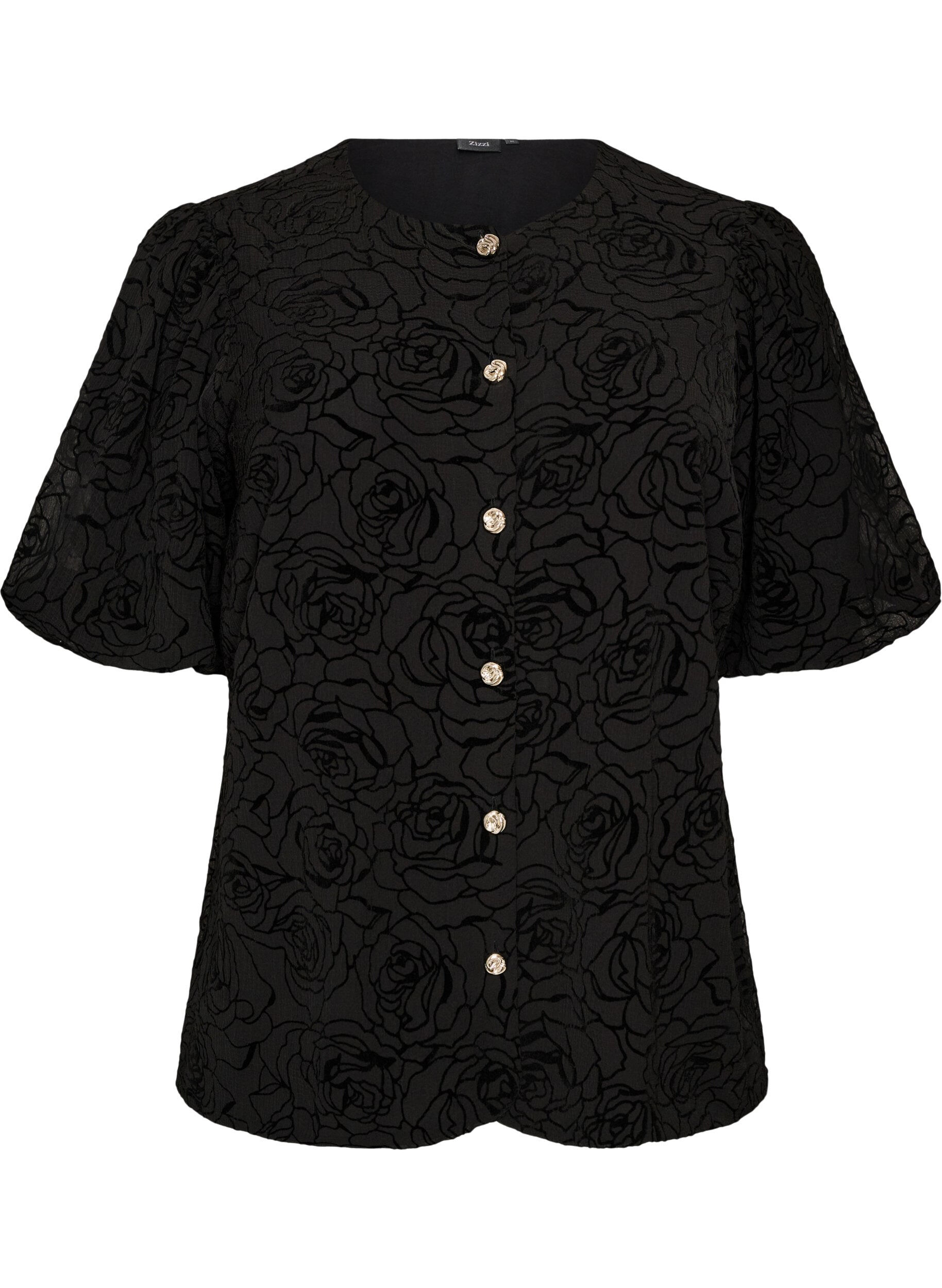 ZizziBlus med blommigt m&ouml;nster och ballong&auml;rmar, Svart, Packshot image number 0