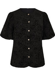 Blus med blommigt m&ouml;nster och ballong&auml;rmar, Svart