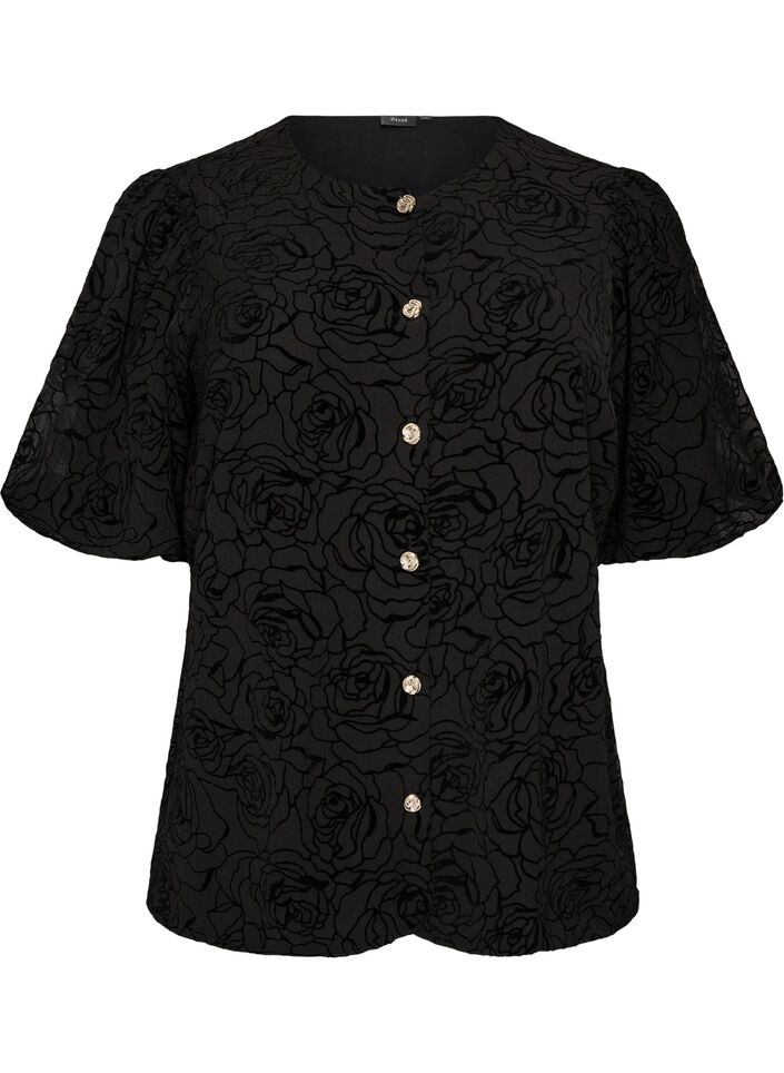 Blus med blommigt m&ouml;nster och ballong&auml;rmar, Svart, Packshot image number 0