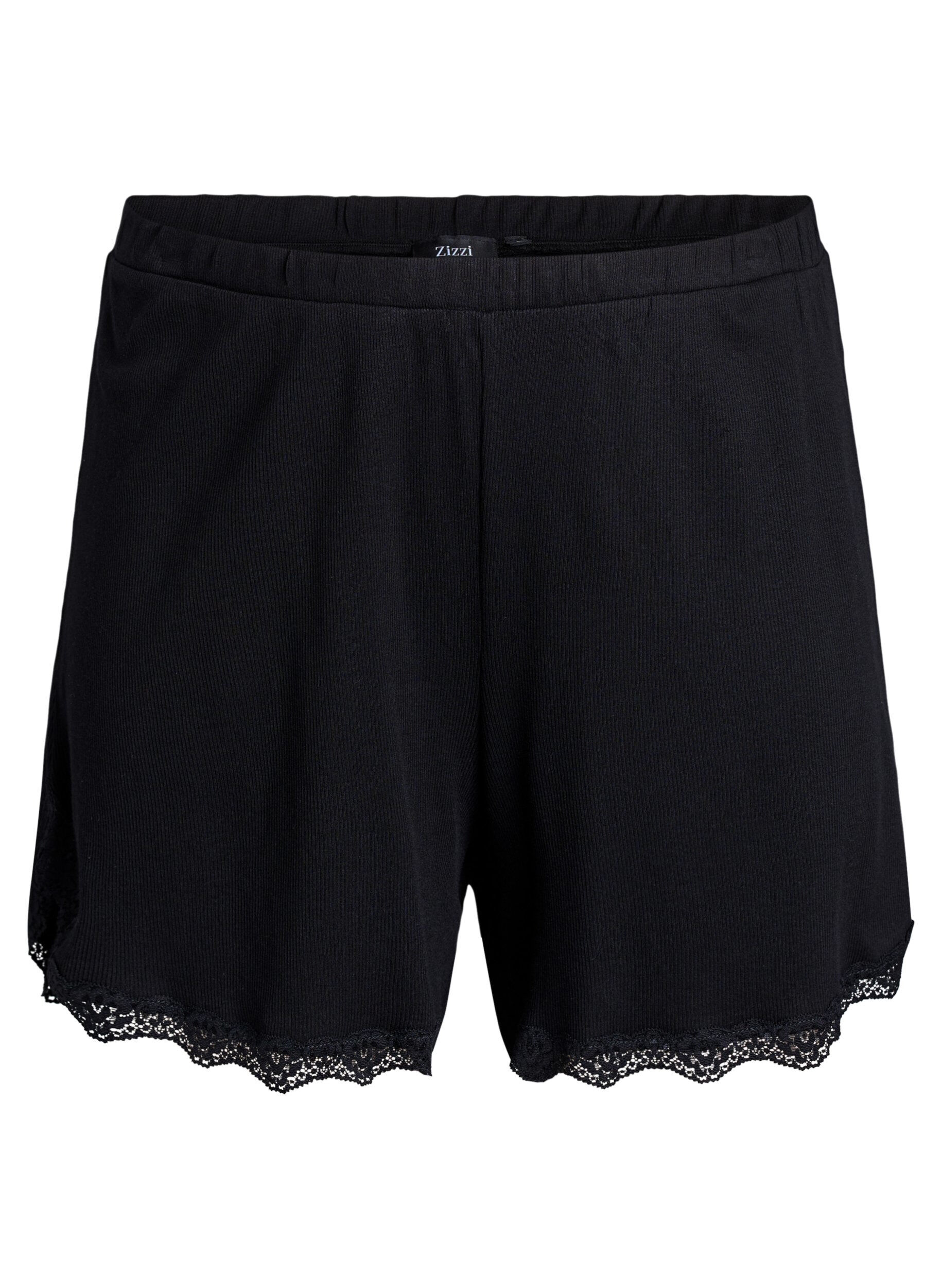 L&ouml;sa nattshorts med ribbstickad textur och spetskant