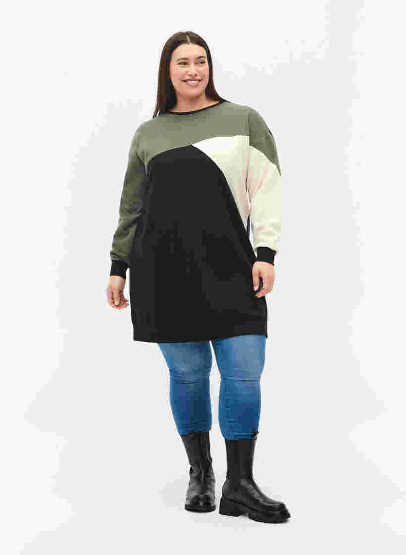 Lång sweatshirt med blockfärger, Black Color Block, Model image number 2