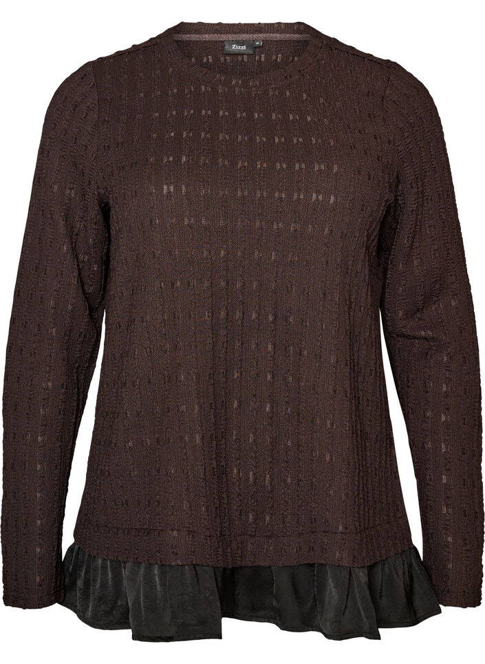 Strukturerad blus med volangkant, Brun, Packshot image number 0