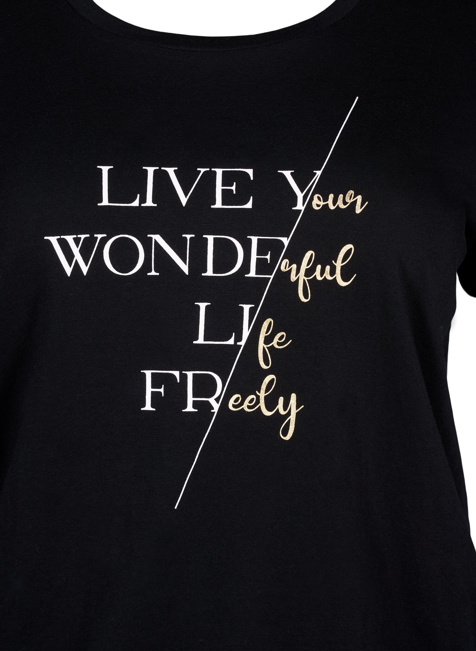 Zizzi Kort&auml;rmad t-shirt i bomull med elastisk kant, Black w. Live, Packshot image number 2