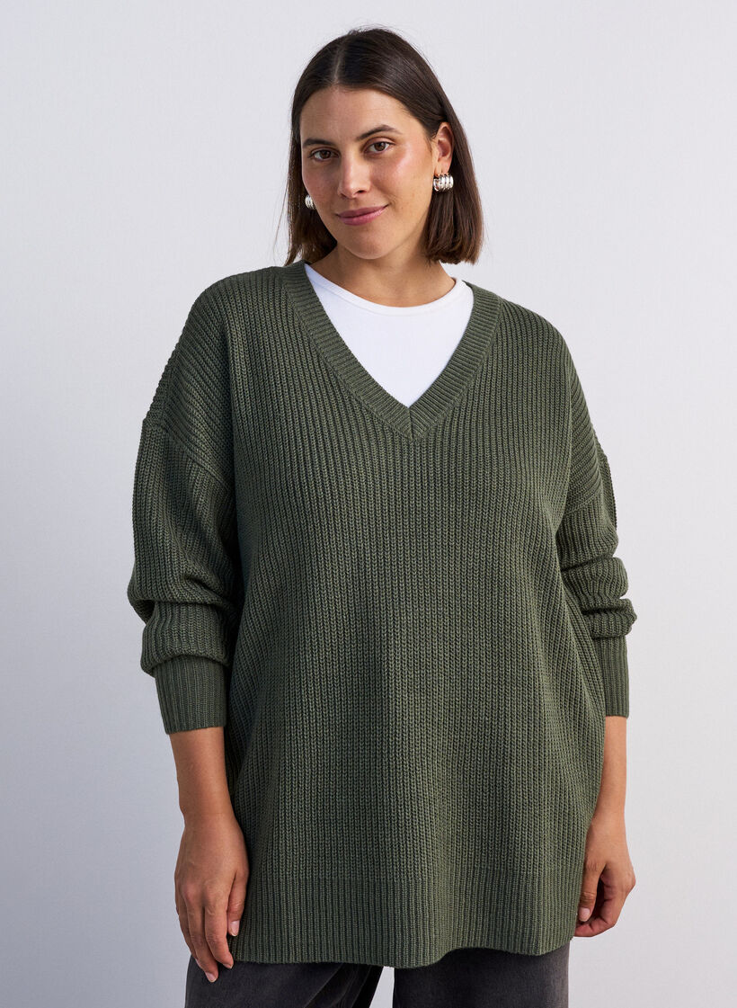 L&aring;ng ribbstickad blus med V-ringning, Gr&ouml;n, Model image number 0