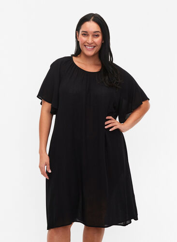 Viskosklänning med korta ärmar, Black, Model image number 0