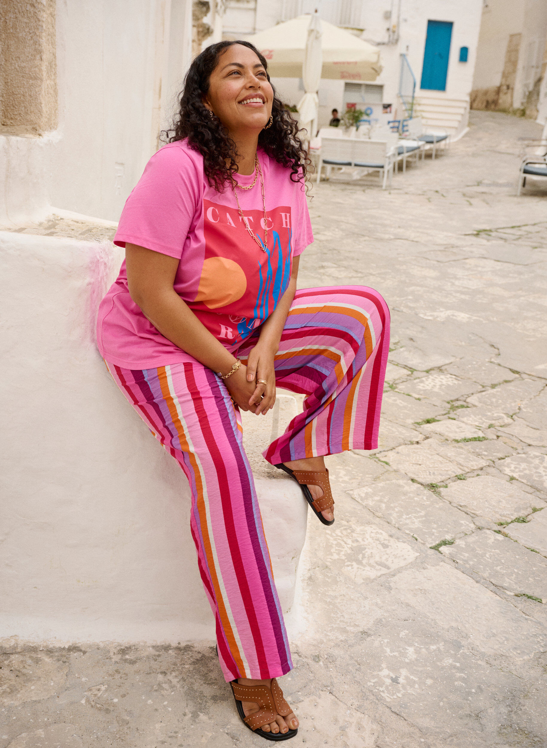 Zizzi L&ouml;s byxa i viskos med r&auml;nder, Rosa, Image image number 0