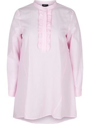 Randig bomullsskjorta med volanger, Pink Stripe, Packshot image number 0