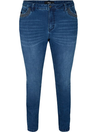 Nille jeans med hög midja och nitar, Medium Blue denim, Packshot image number 0