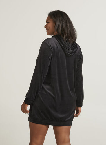 Sweatshirtklänning i velour med huva, Black, Model image number 1