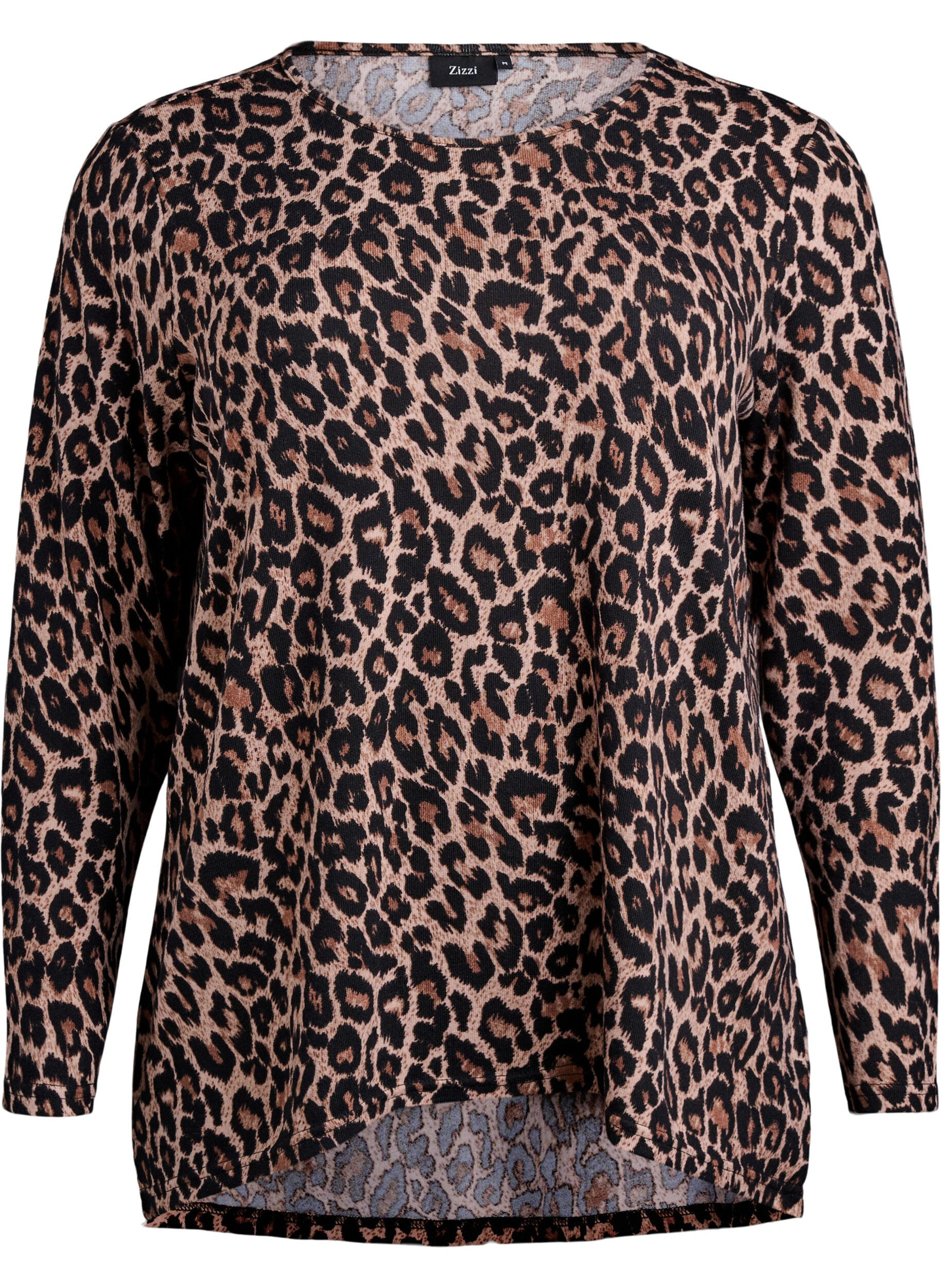 Zizzi Leopardm&ouml;nstrad blus med l&aring;nga &auml;rmar, Brun, Packshot image number 0