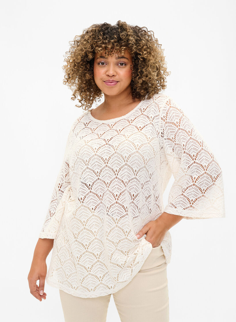 Crochet blus med 3/4 ärmar, Sandshell, Model image number 0
