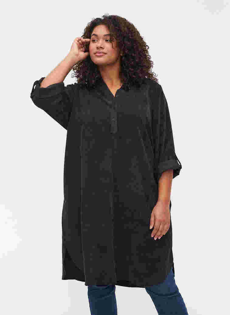 Sammetsklänning med 3/4 ärmar och knappar, Black, Model