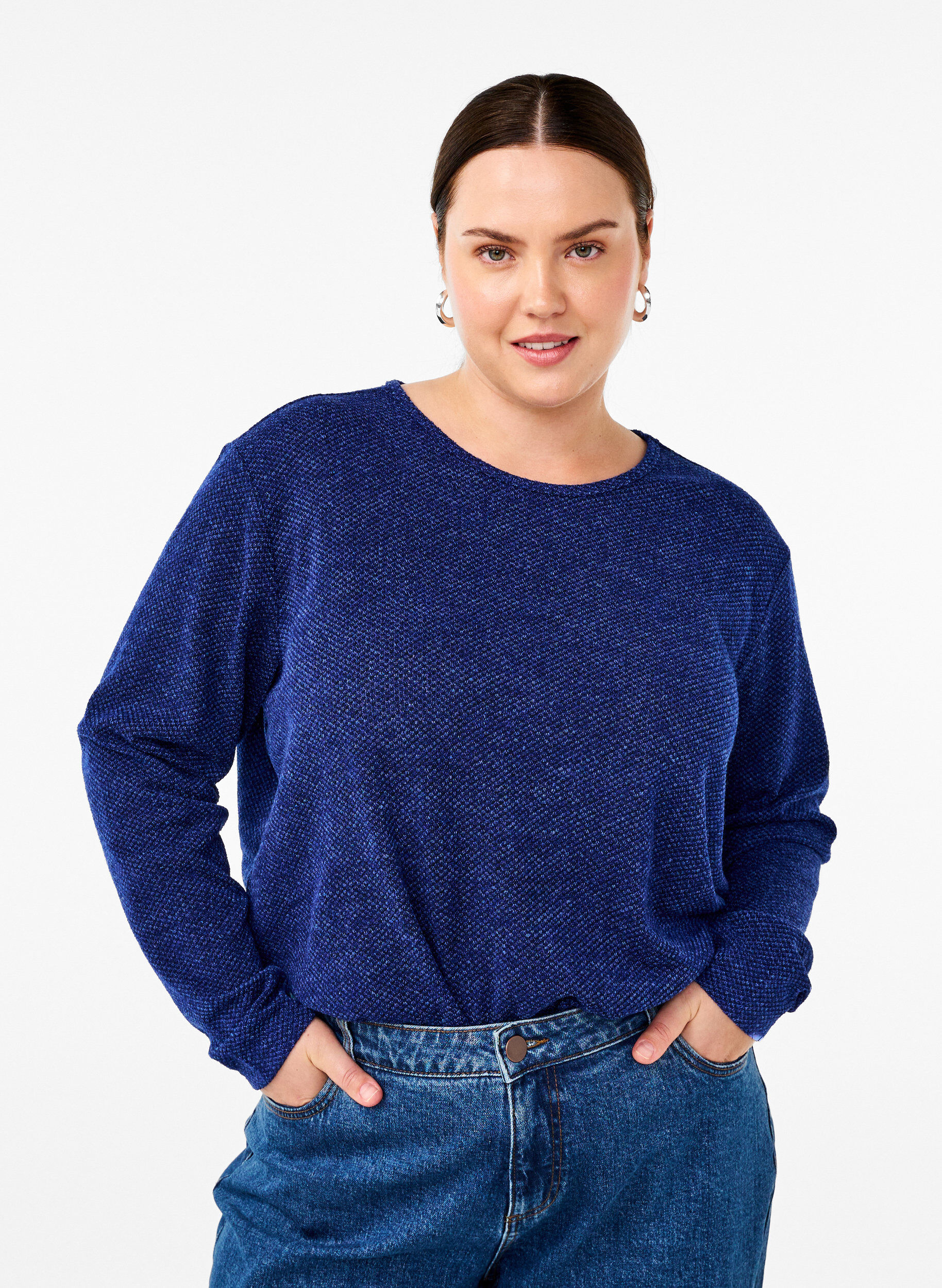 Zizzi Melange blus med rund halsringning och l&aring;nga &auml;rmar, Sodalite Blue, Model image number 0