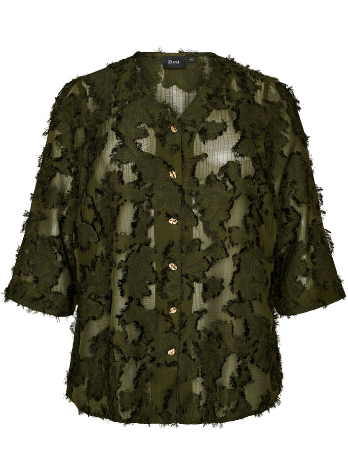 Blus med fransiga tr&aring;dar och struktur, Gr&ouml;n, Packshot image number 0