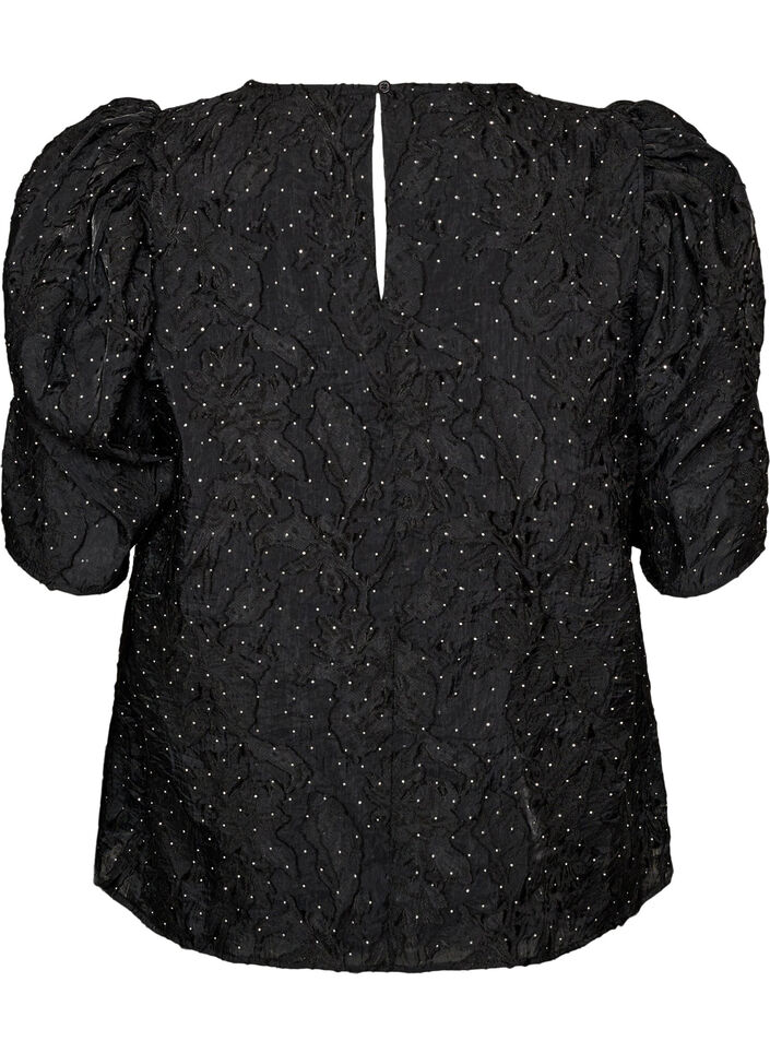 Jacquardblus med glittriga detaljer och puff&auml;rmar, Svart, Packshot image number 1