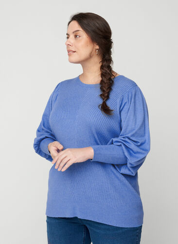 Stickad tröja med rund halsringning och ballongärmar, Ultramarine Mel., Model image number 0
