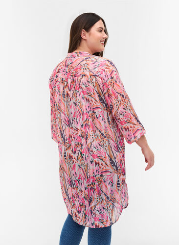 Mönstrad tunika med v-ringning och långa ärmar, Pink Feather, Model image number 1