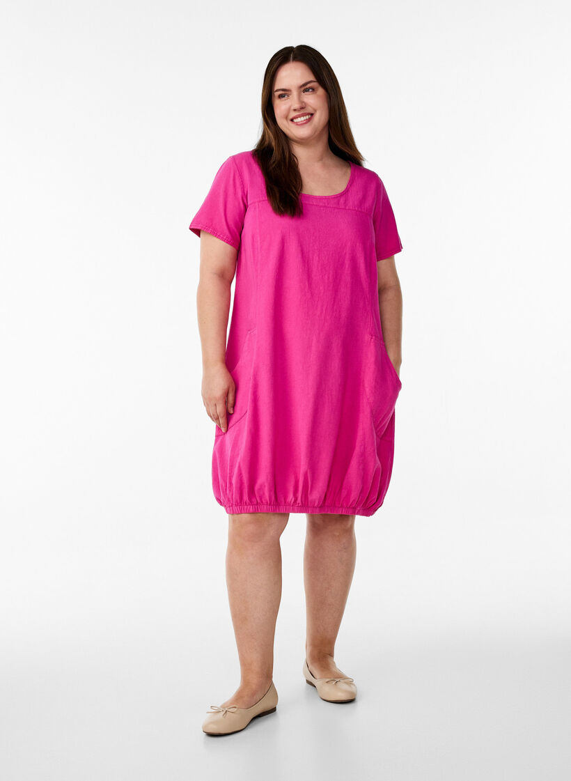 Kort&auml;rmad kl&auml;nning i bomull, Rosa, Model image number 1