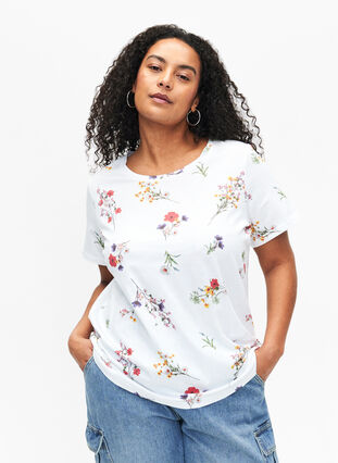 T-shirt i ekologisk bomull med blommigt tryck, Bright W. AOP Flower, Model image number 0