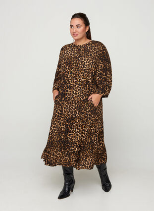 Midiklänning i viskos med 3/4 ärmar och leopardmönster, Raw Umber AOP, Model image number 0
