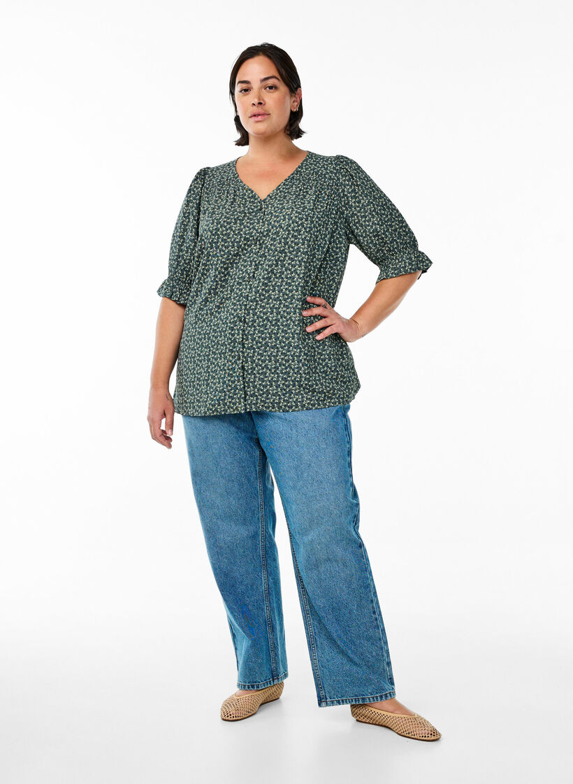 Skjortblus med halvlånga ärmar, Grön, Model image number 1