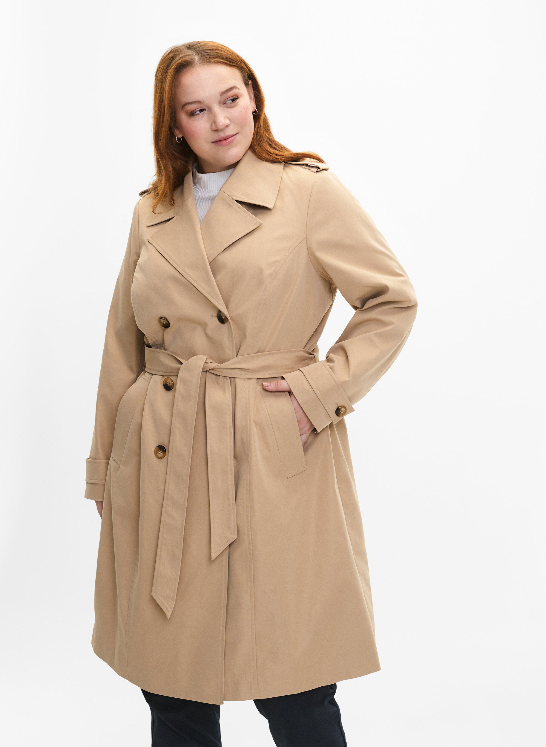 Zizzi Trenchcoat med fickor och sk&auml;rp, Nomad, Model image number 0