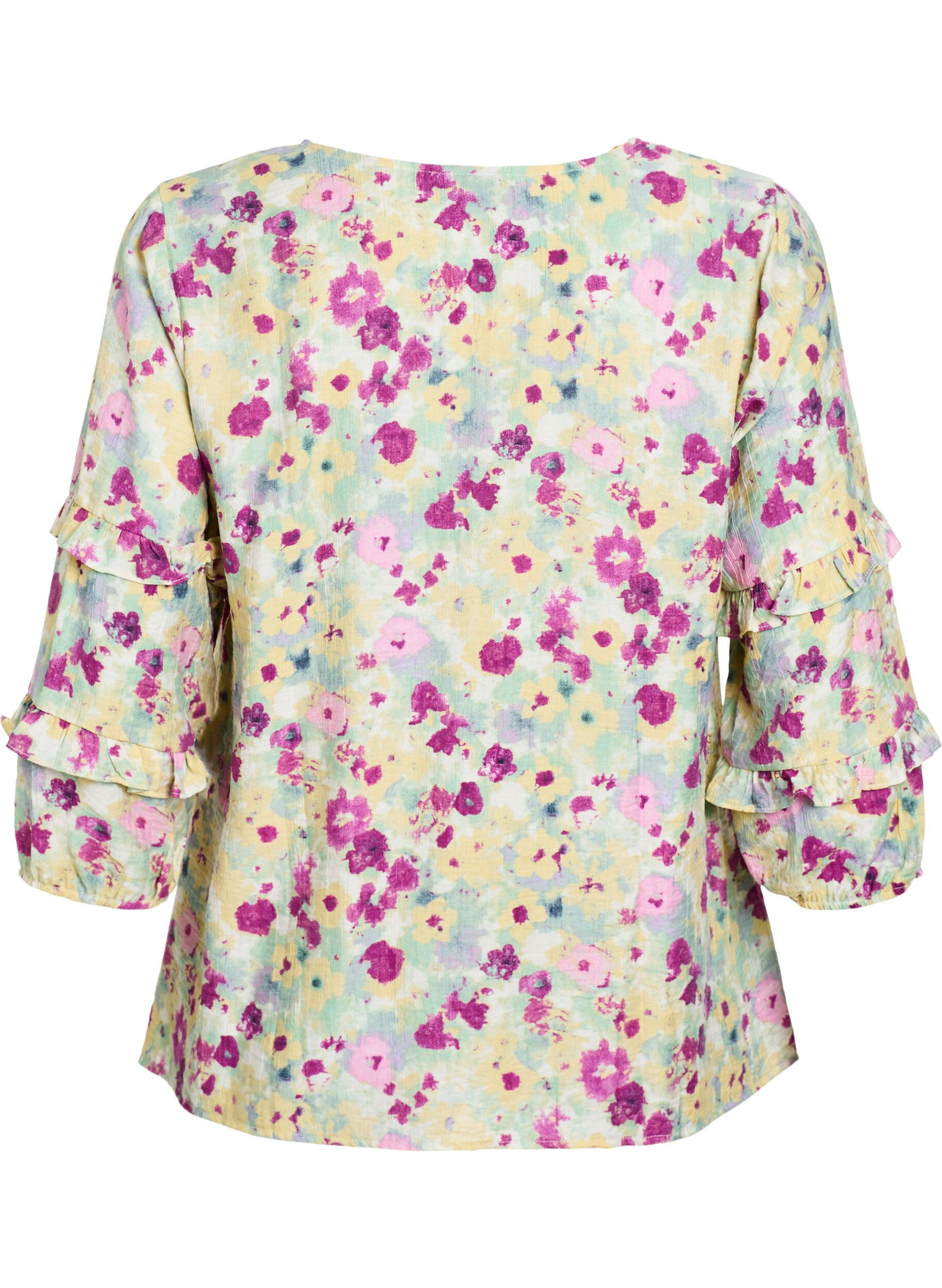 Zizzi Blus med volangdetaljer och blommigt tryck, Vanilla, Packshot image number 1